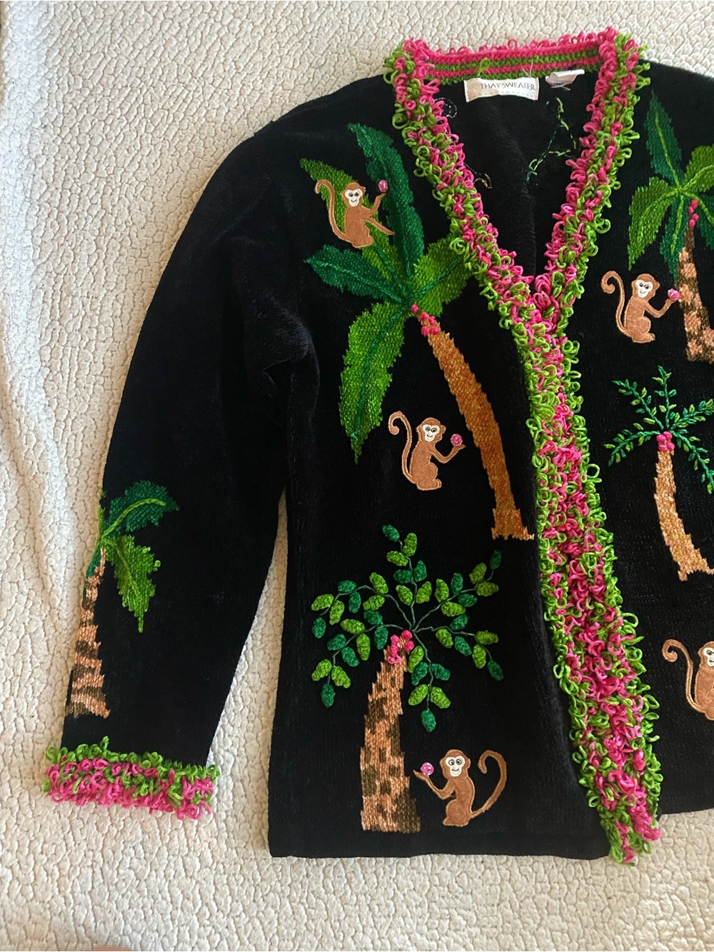 Vintage Black Embroidered Monkey Cardigan with Pink-Green Trim